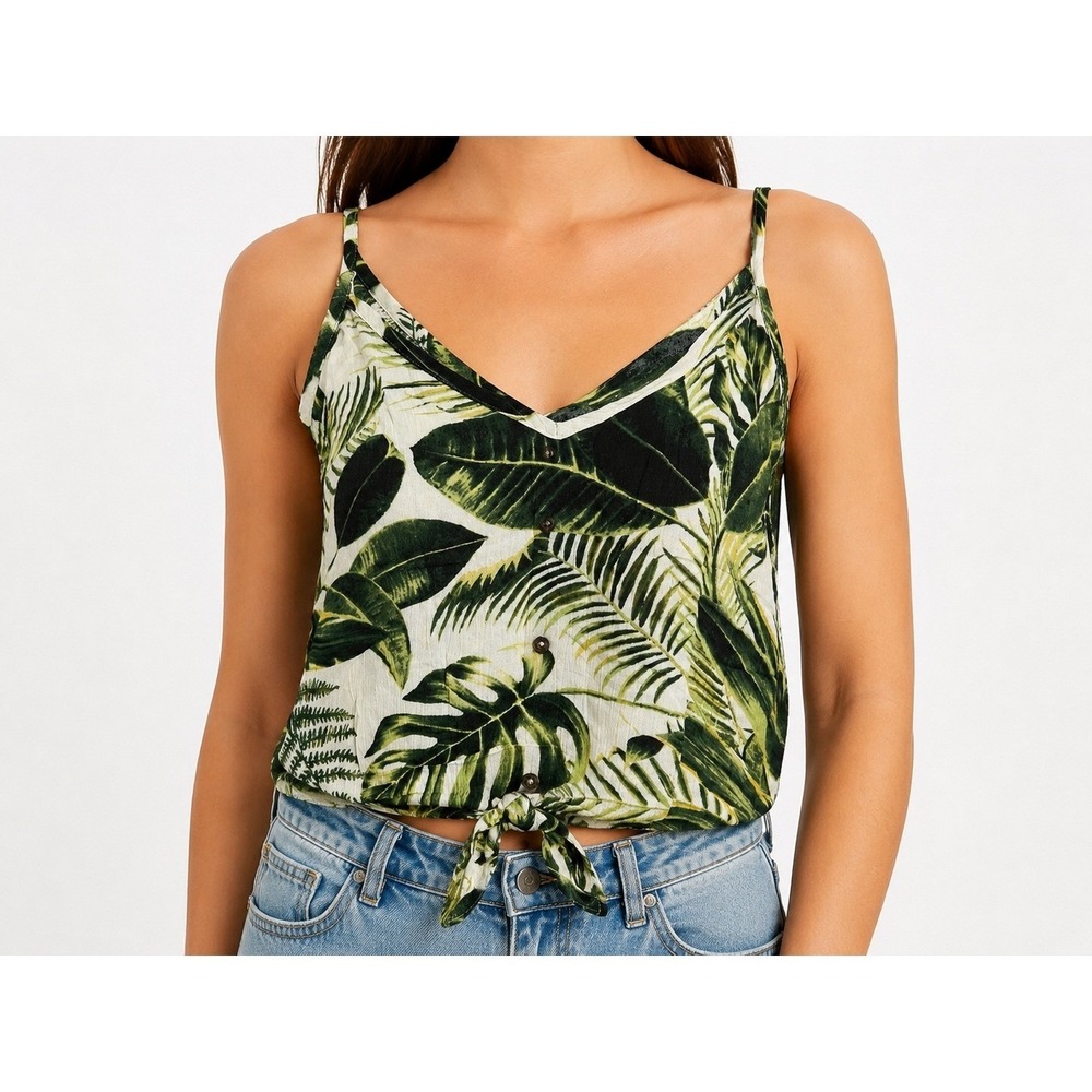 H&M Tropical Leaf Print Tie Front Cami Top Green Ivory Button Up Cropped US 2
